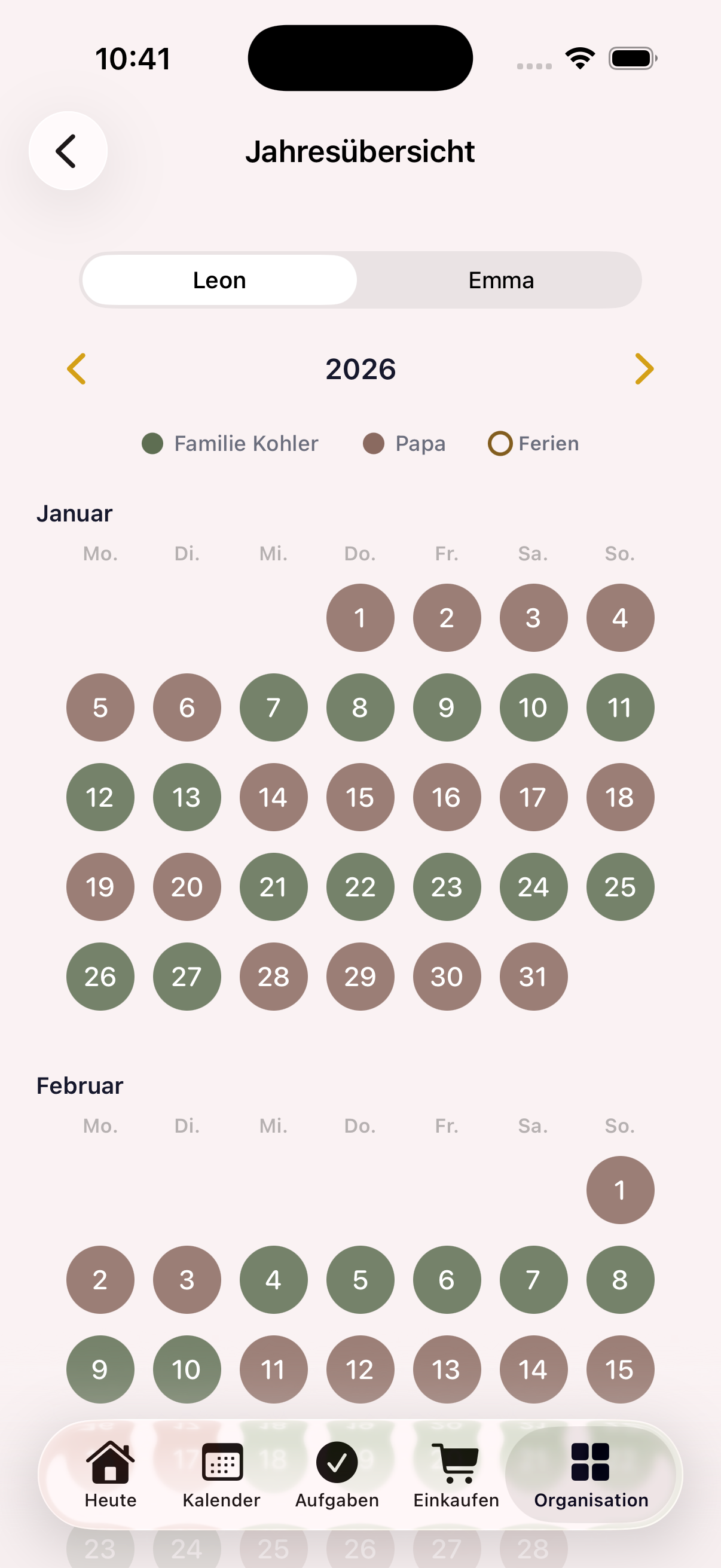 Jahresübersicht mit Wechseltagen pro Kind für Patchwork-Familien